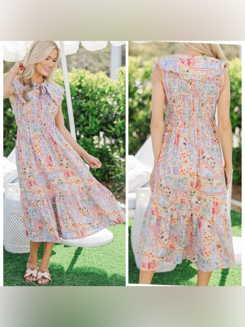 Umgee Floral Boho Patchwork cottagecore Romantic Cotton Pink Summer Midi Dress S